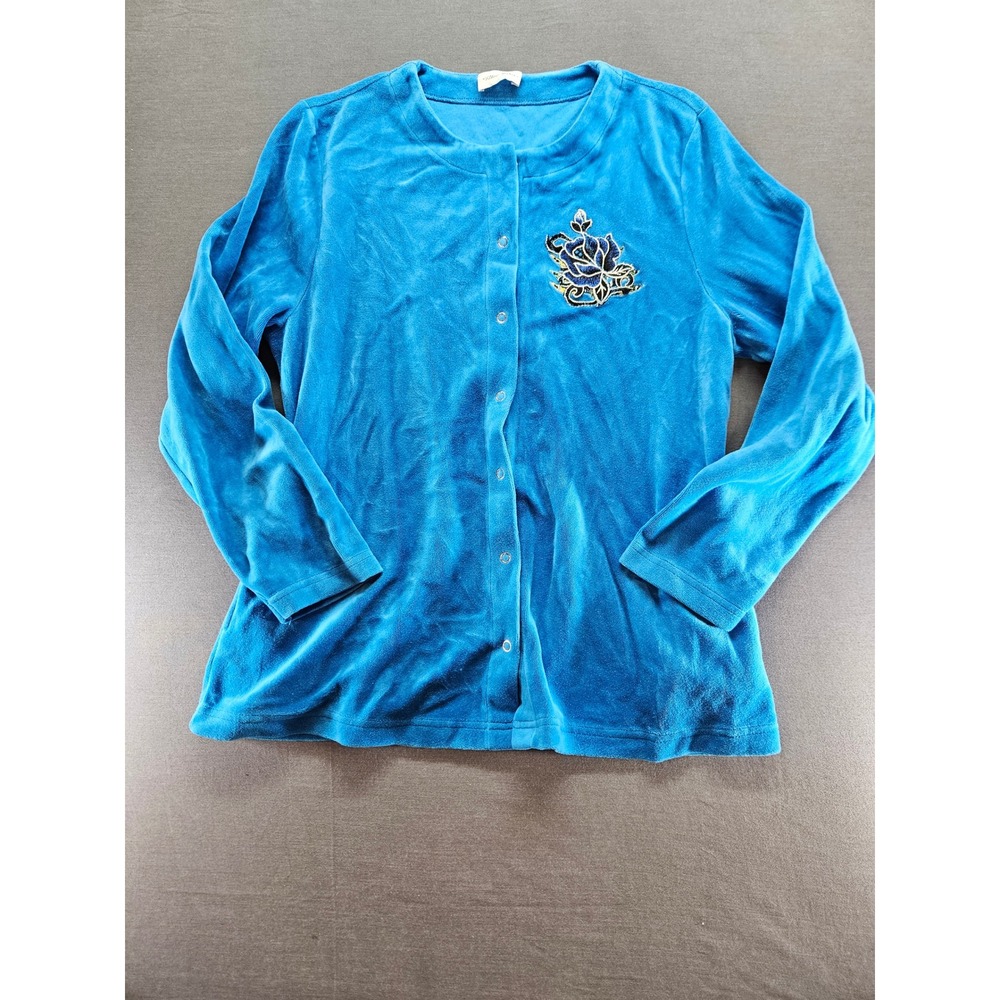 Peter Hahn Blue Velour Embroidered Floral Snap Front Cardigan Jacket Womens